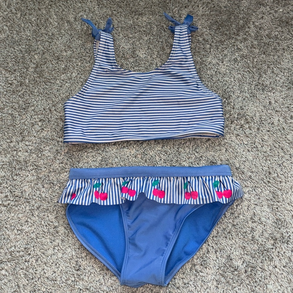 Cat & Jack 2 piece girls bathing suit. Large 10/12, blue stripe with cherries